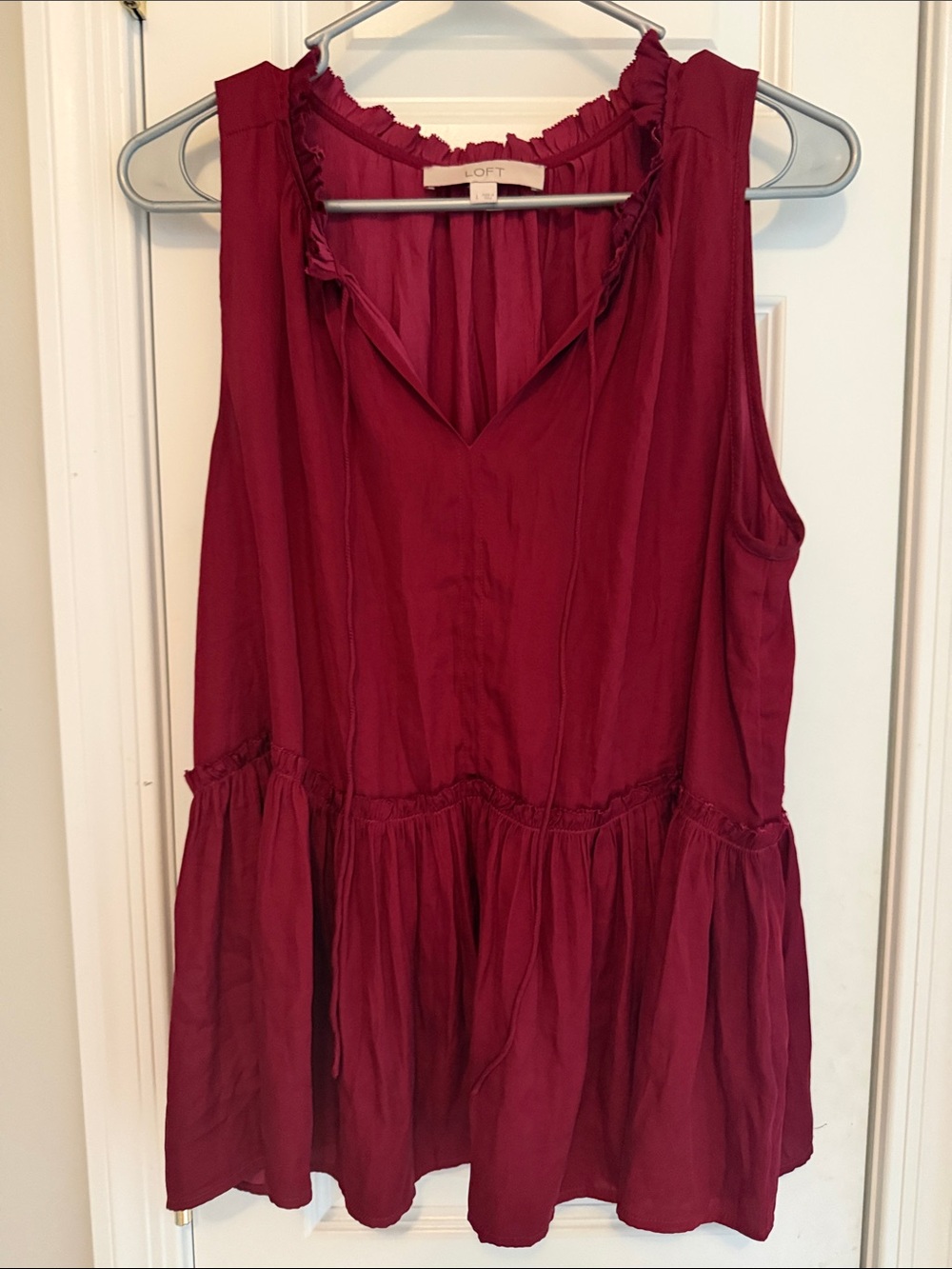LOFT Burgundy Sleeveless Ruffle Neck Tiered Tunic